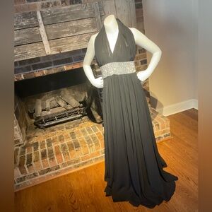 JJ’s House Formal Dress Size 8 Long Black Cross Neck And Back rhinestone belt